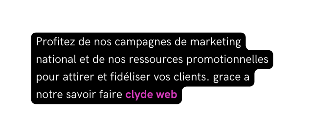 Profitez de nos campagnes de marketing national et de nos ressources promotionnelles pour attirer et fidéliser vos clients grace a notre savoir faire clyde web