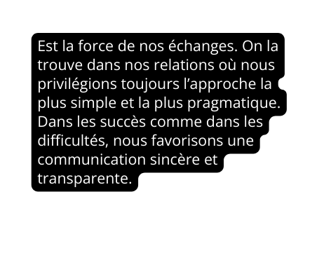 Est la force de nos échanges On la trouve dans nos relations où nous privilégions toujours l approche la plus simple et la plus pragmatique Dans les succès comme dans les difficultés nous favorisons une communication sincère et transparente